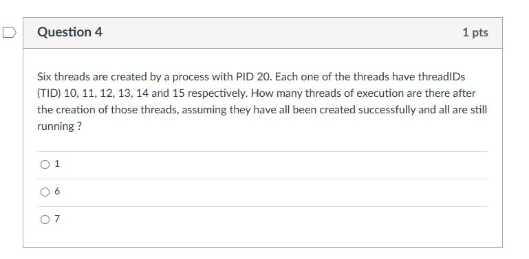  Question 4 Six threads are created by a process with PID