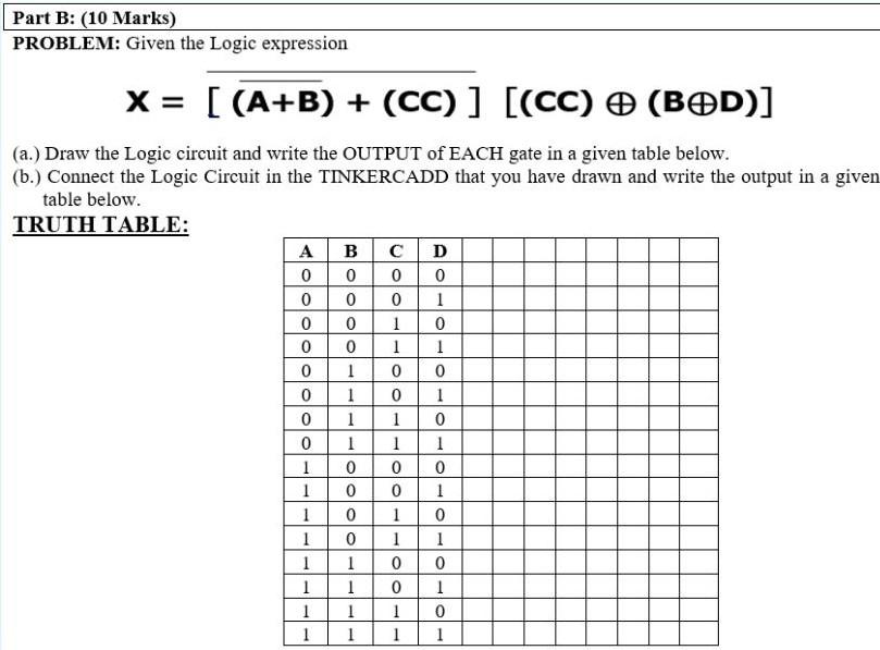 Part B: (10 Marks) PROBLEM: Given the Logic expression 1 0