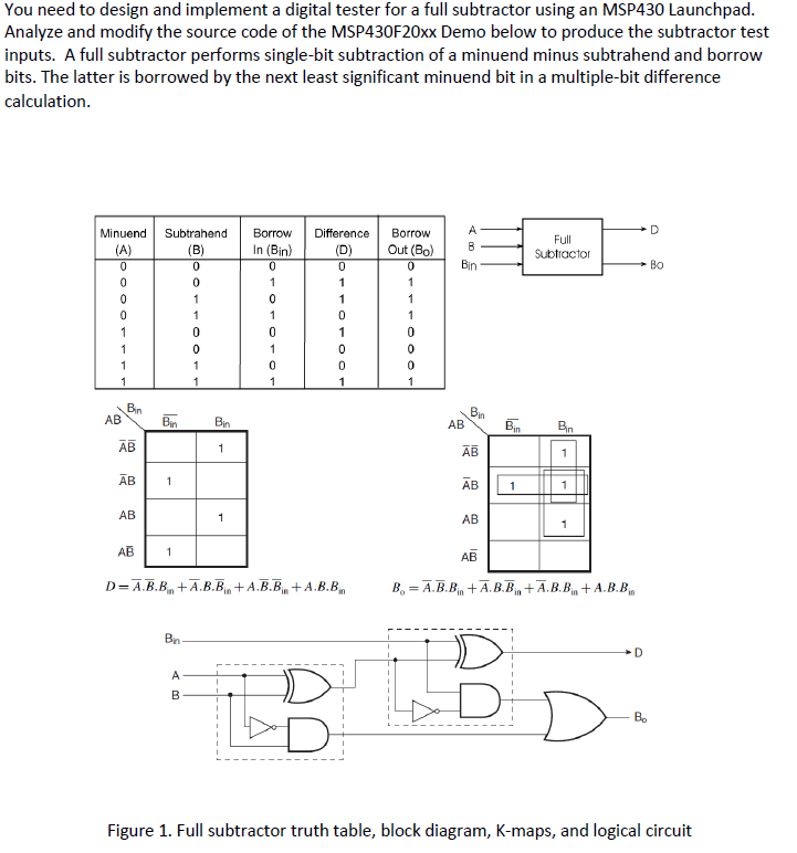 Finish making the code for a subtractor in C (with the code