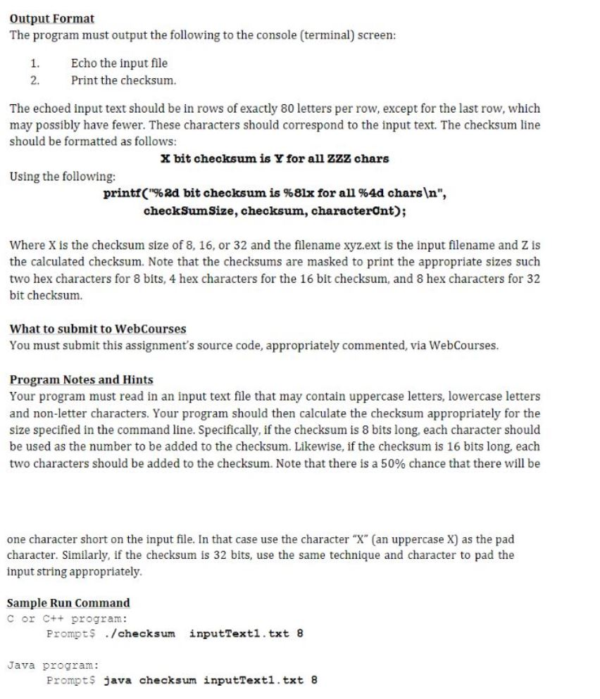 calculates the checksum for the text in a file. Your program will