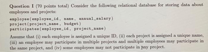  Question I (70 points total) Consider the following relational database for