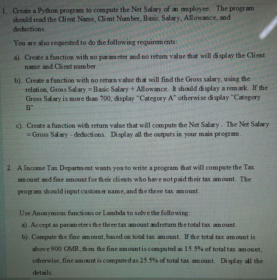  1. Create a Python program to compute the Net Salary of