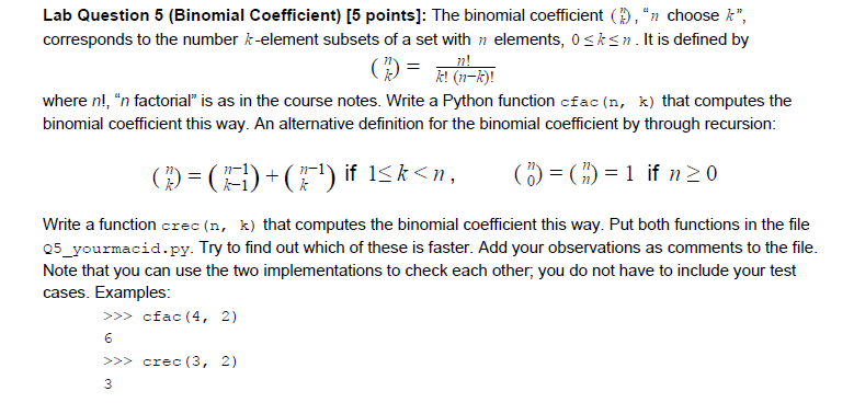 python question! show code and step! Lab Question 5 (Binomial Coefficient) 15