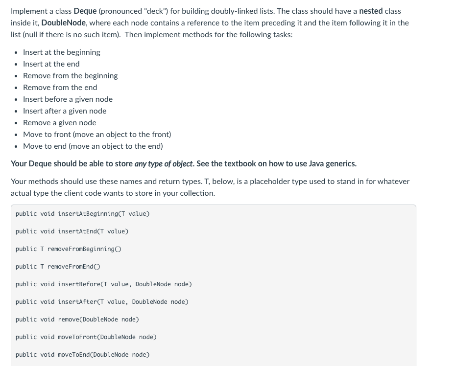 Using Java programming Implement a class Deque (pronounced "deck") for building doubly-linked