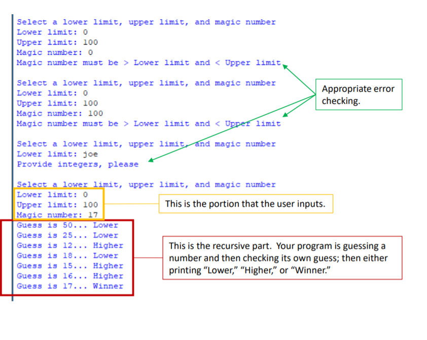 Create a program in Python that uses recursion to guess a number