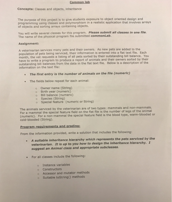  Java program Concepts: Classes and objects, inheritance The purpose of this