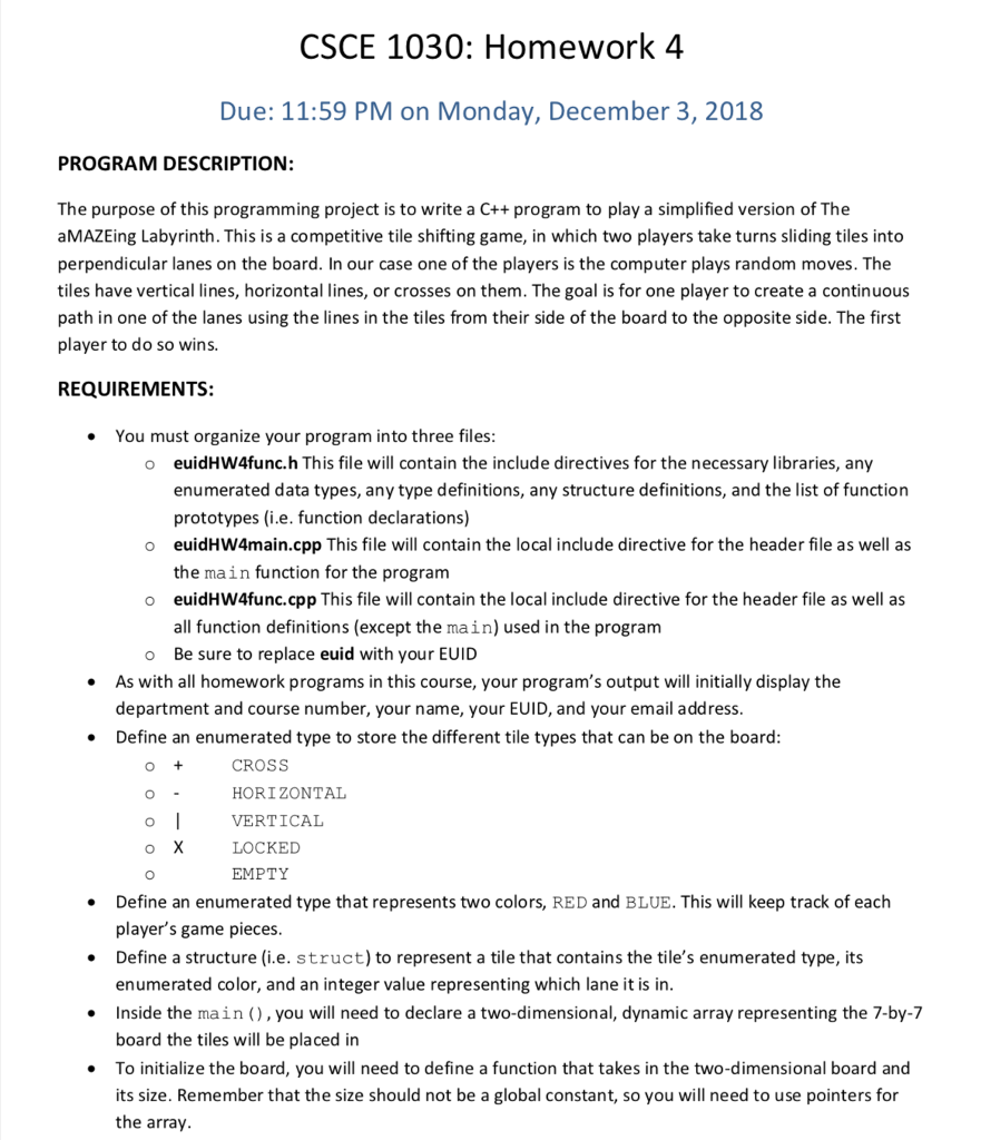 CSCE 1030 Fall Project 4. CSCE 1030: Homework 4 Due: 11:59 PM