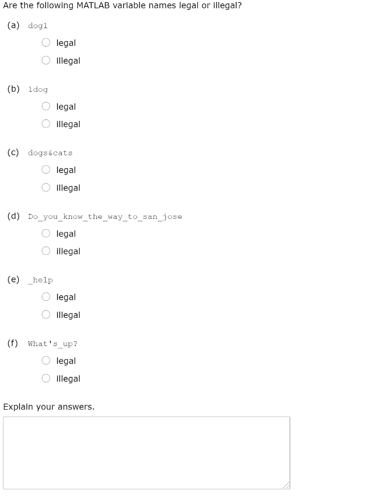  Please solve using MATLAB 2019a Are the following MATLAB variable names