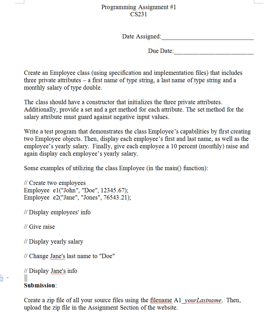 BY USING C++ Create an Employee class (using specification and implementation