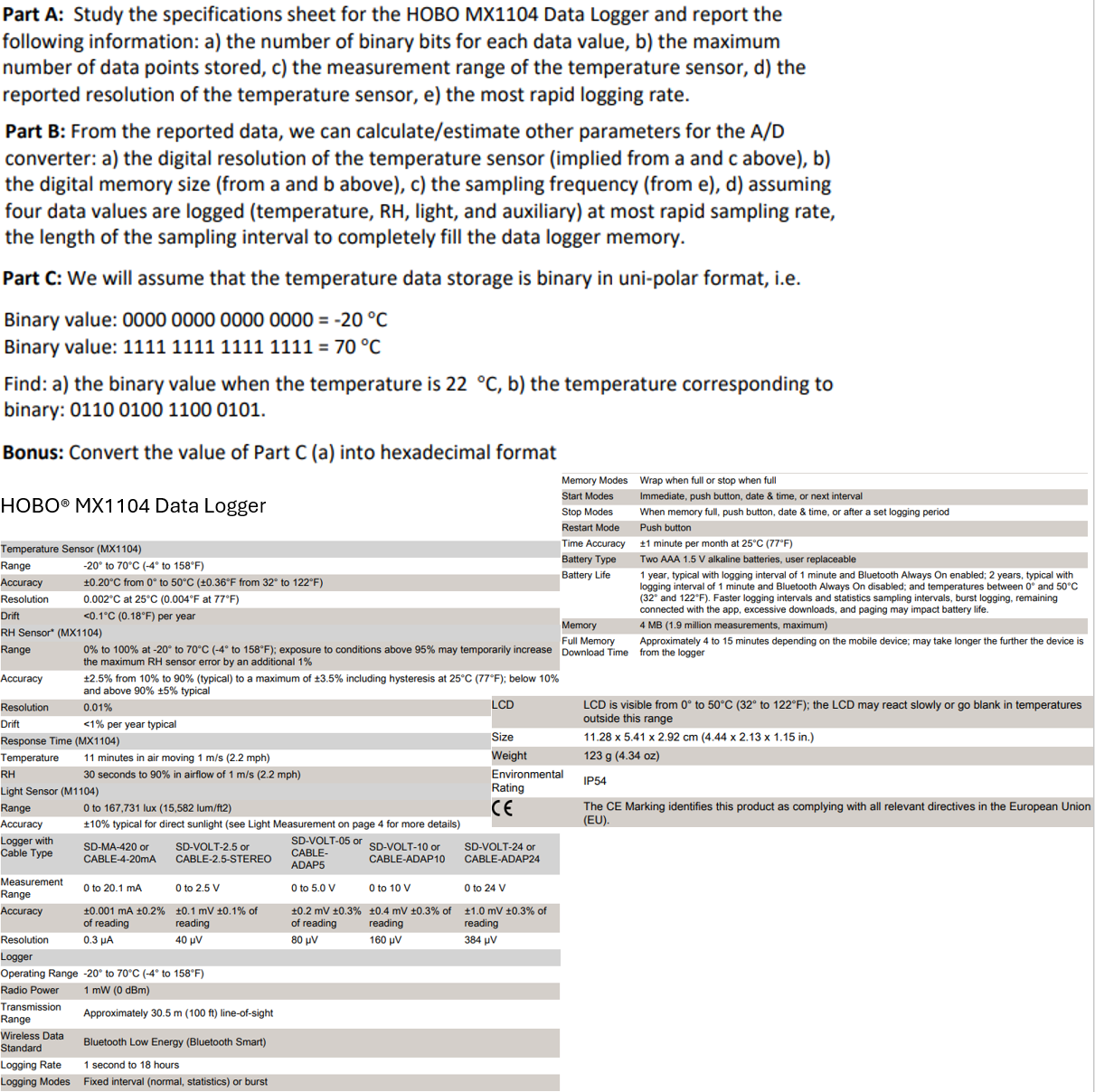  Part A: Study the specifications sheet for the HOBO MX1104 Data