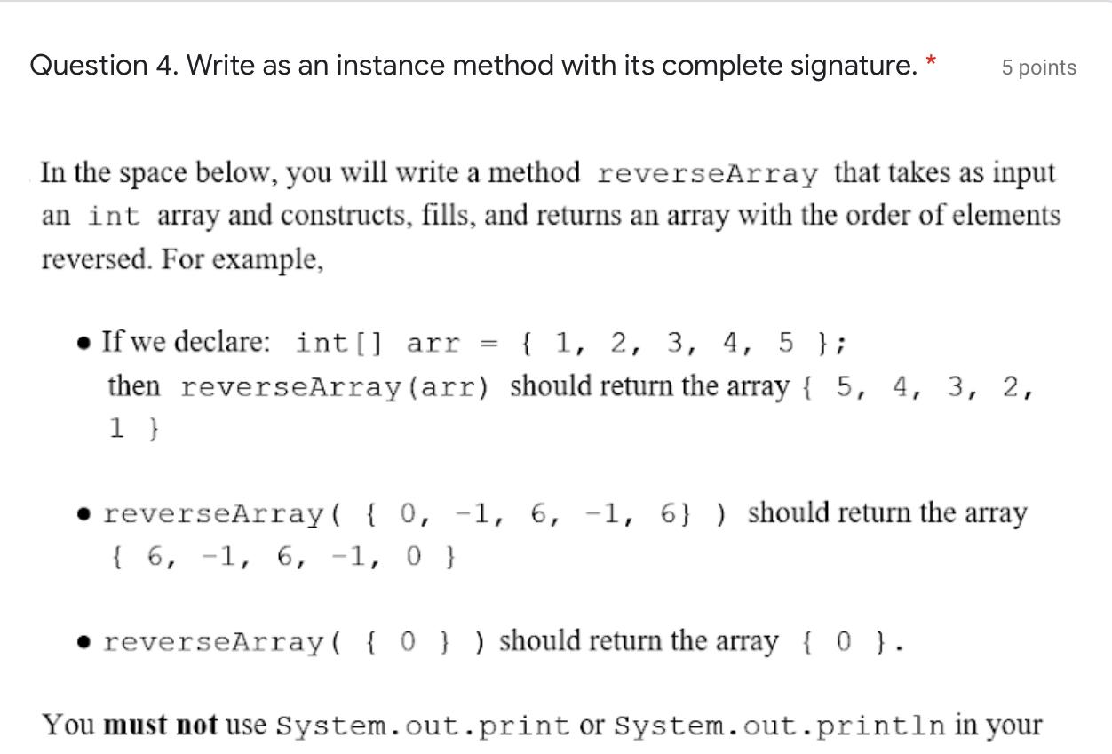 Question 4. Write as an instance method with its complete signature.