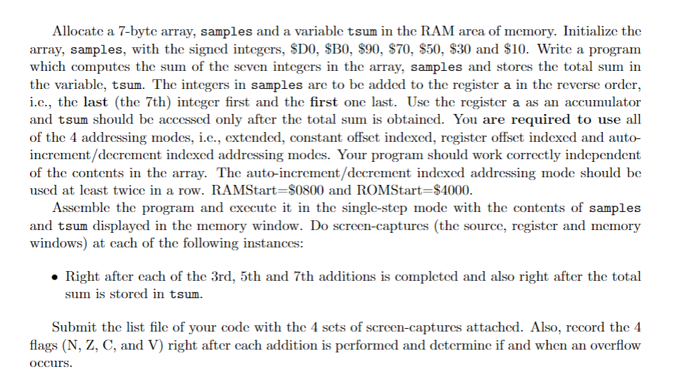  Allocate a 7-byte array, samples and a variable tsum in the