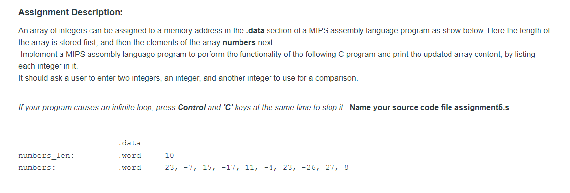  write in MIPS assembly language Assignment Description: An array of integers