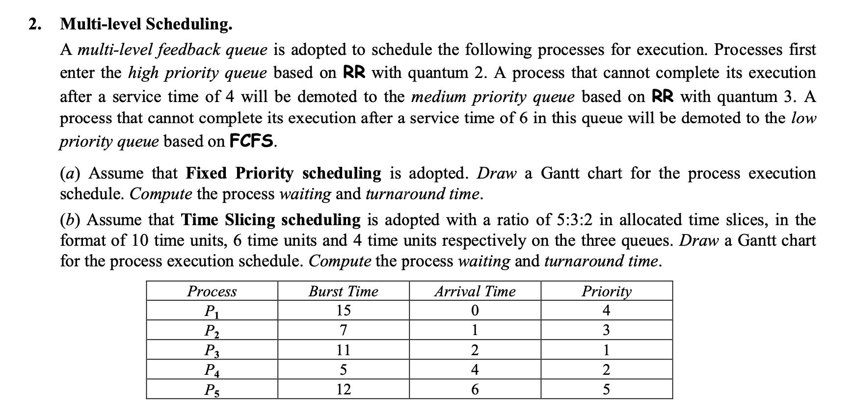 Pls help 2. Multi-level Scheduling. A multi-level feedback queue is adopted to
