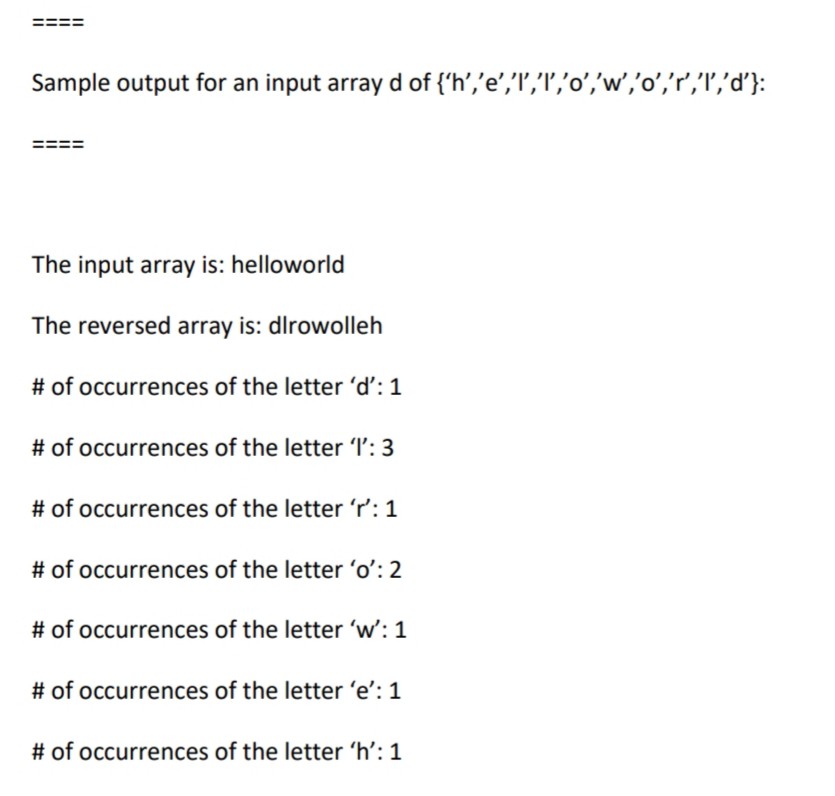 character in the array, and finally displays the reversed array and the