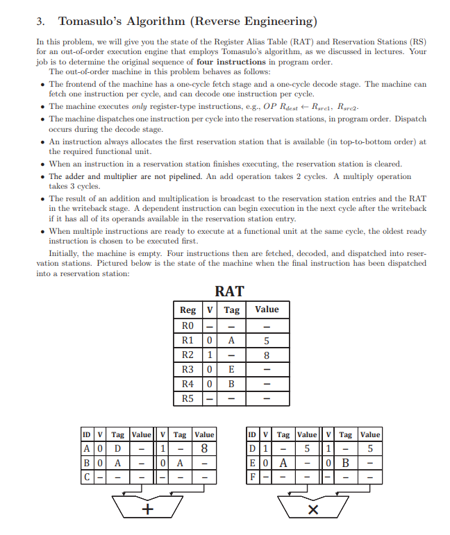 3. Tomasulo's Algorithm (Reverse Engineering) In this problem, we will give