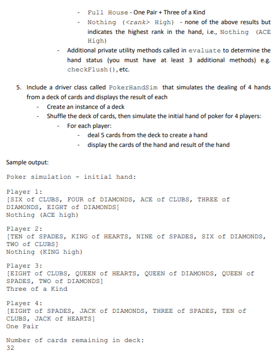 + setCards...) + addCard...) + toString() + Card...) + getSuit() + getRank()