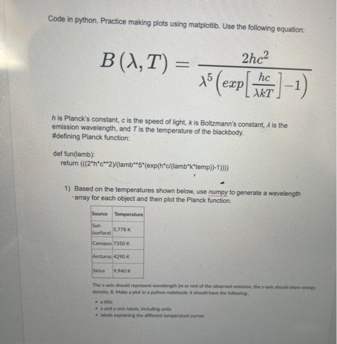  Code in python. Practice making plots using matplotlib. Use the following