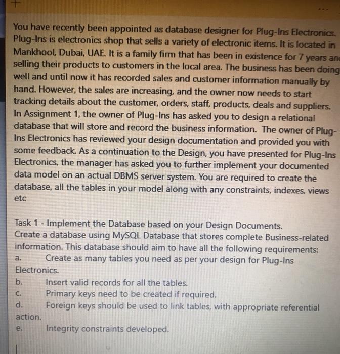  You have recently been appointed as database designer for Plug-Ins Electronics.