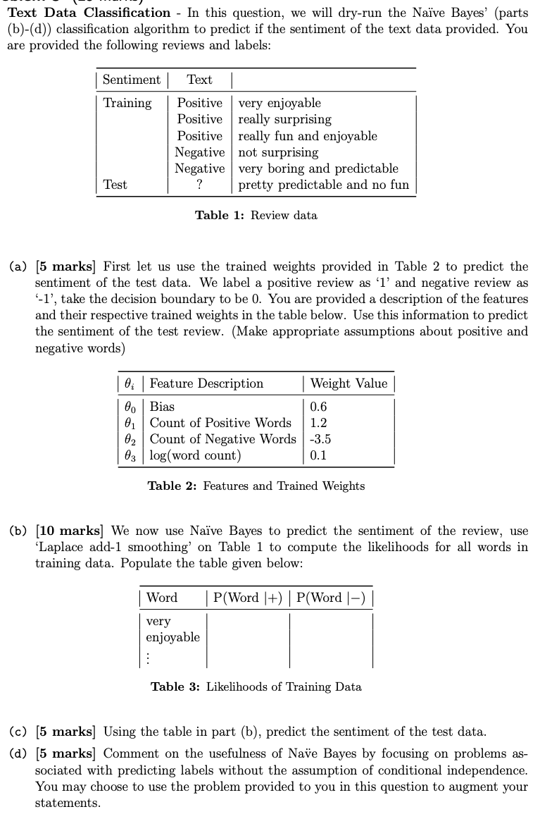  Text Data Classification - In this question, we will dry-run the