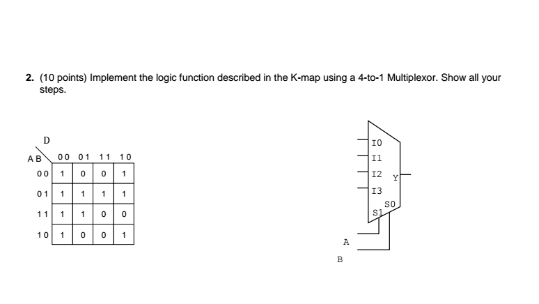  Implement the logic function described in the K-map using a 4-to-1