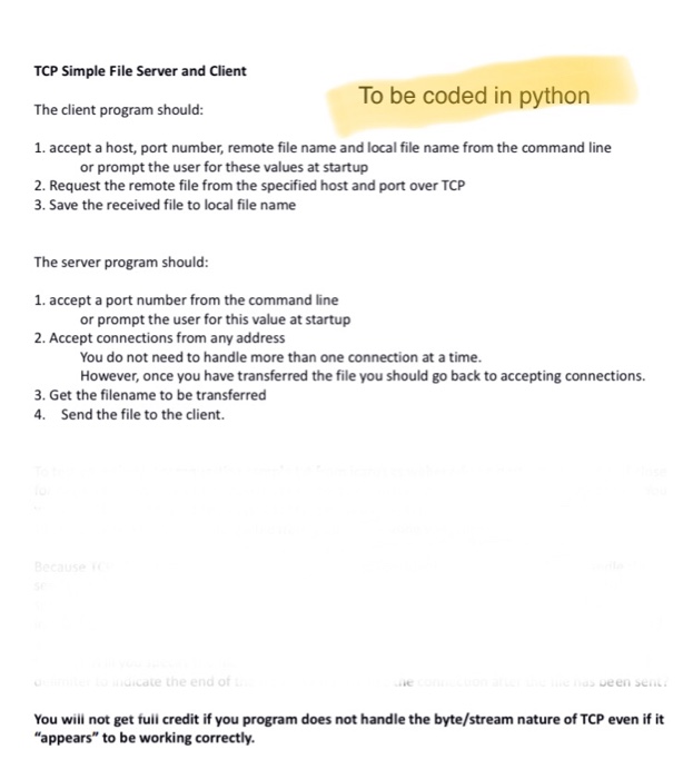  Python program help TCP Simple File Server and Client The client