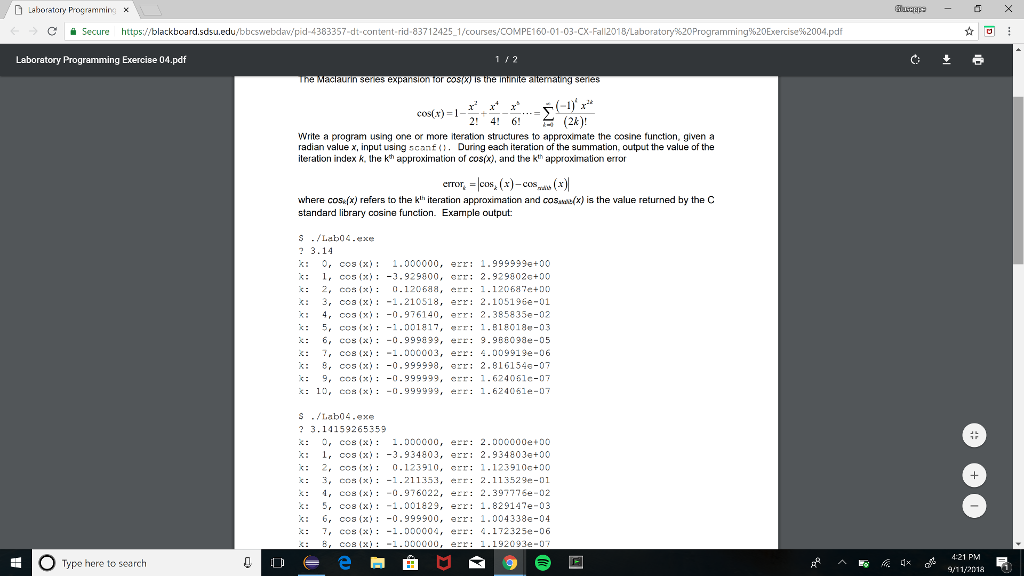D Laboratory Programming x CSecure https:/blackboard.sdsu.edu/bbcswebdav pid-4363357-dt content-rid-83712425 1/courses/COMPE160-01-03-CX-Fall2015 Labora 4.pdf