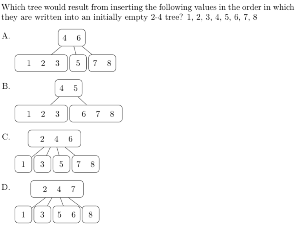 Which tree would result from inserting the following values in the