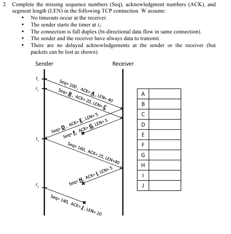  2. Complete the missing sequence numbers (Seq), acknowledgment numbers (ACK), and
