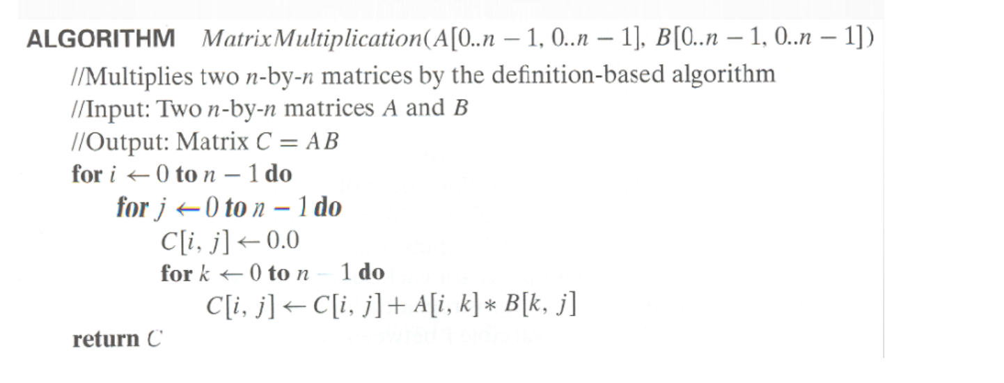 Write pseudocode in Python ALGORITHM Matrix Multiplication(A[O..n - 1, 0..n 1], B[0..n
