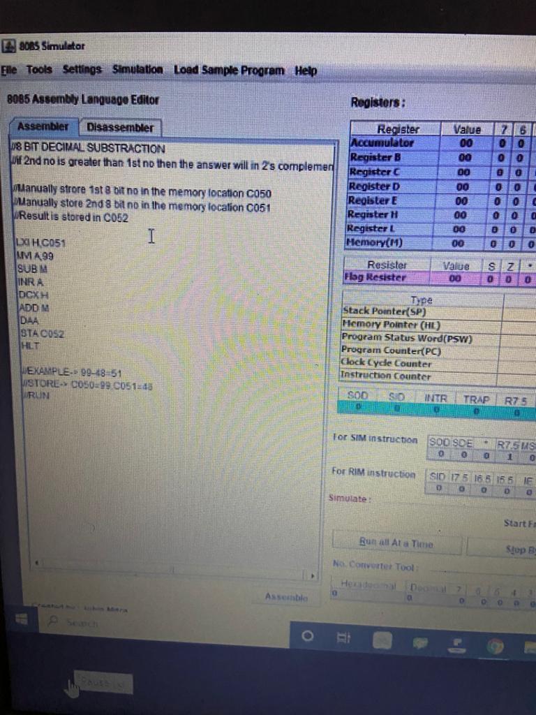 Write a program using 8085 instruction set to perform the arithmetic operation