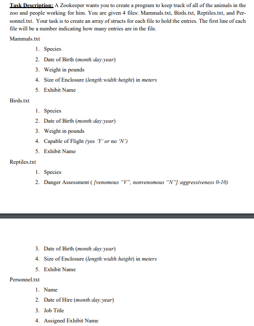 C++ using substructs please. Task Description: A Zookeeper wants you to
