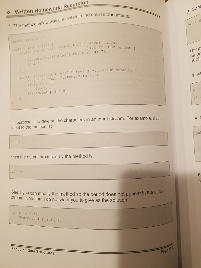 Java Recursion Homework help, problem #1-4 plz ! Written Homework: Recursion e