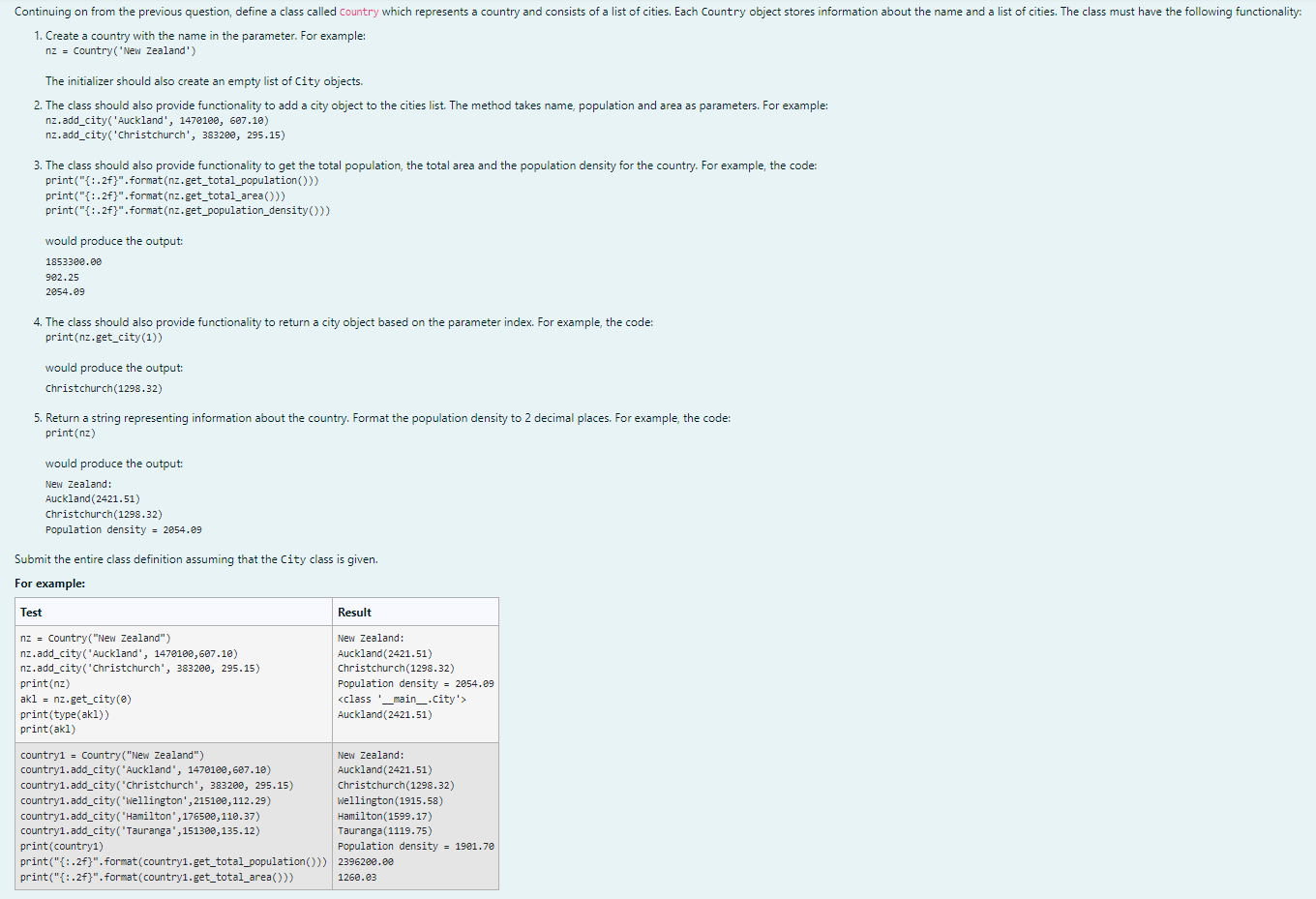 area (km2). The class must have the following functionality: 1. Create a