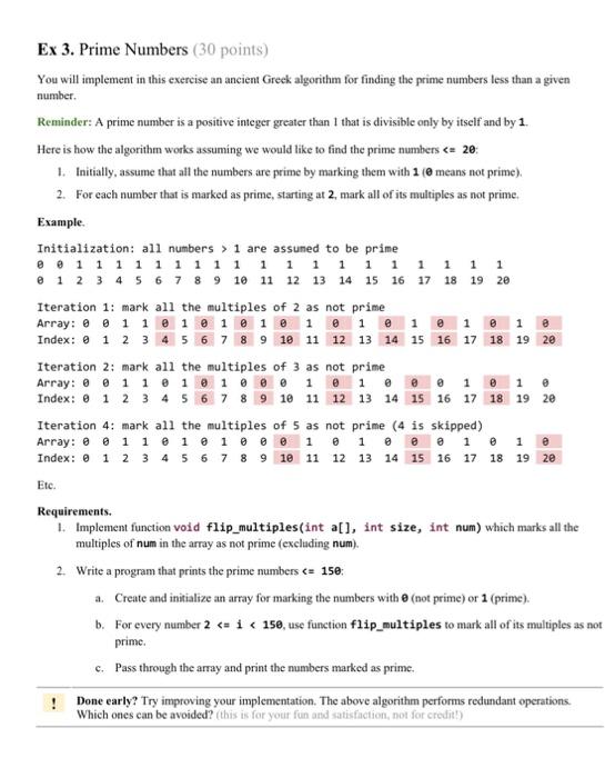 c++ Ex 3. Prime Numbers (30 points) You will implement in this