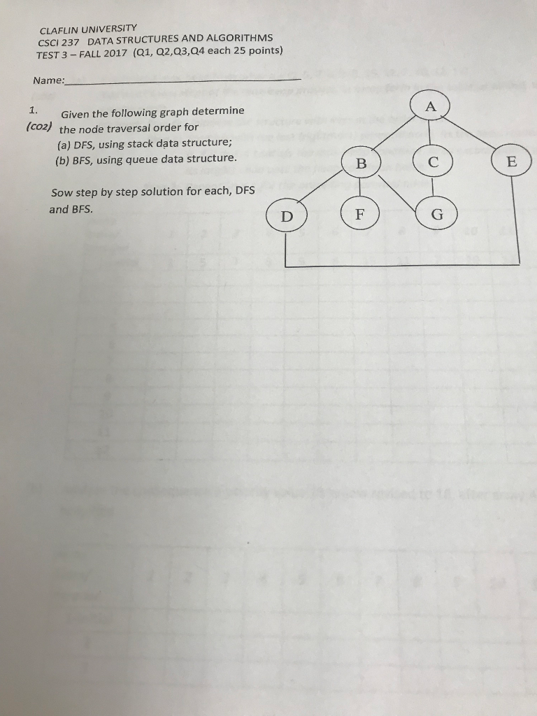  CLAFLIN UNIVERSITY CSCI 237 DATA STRUCTURES AND ALGORITHMS TEST3 -FALL 2017
