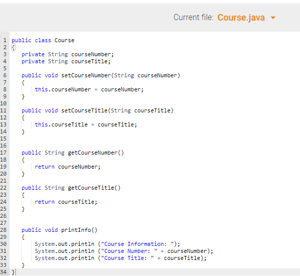 a Course base class with methods to set and get the courseNumber