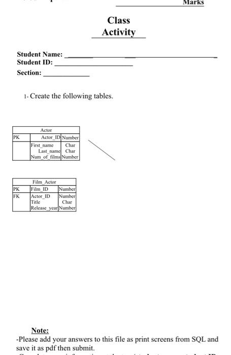  Marks Class Activity Student Name: Student ID: Section: 1- Create the