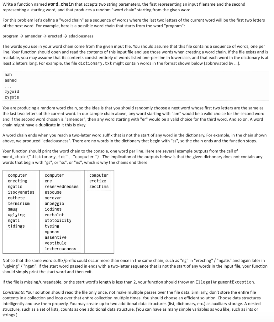 PYTHON Write a function named word_chain that accepts two string parameters, the