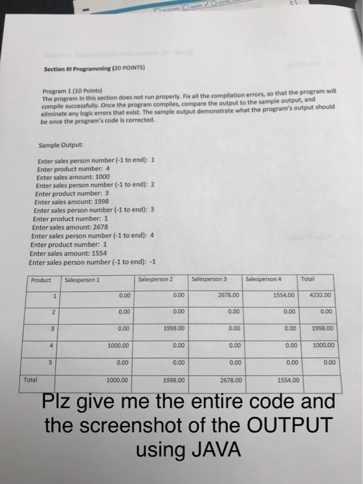  Section IIl Programming (20 POINTS) Program 1 (10 Points) The program