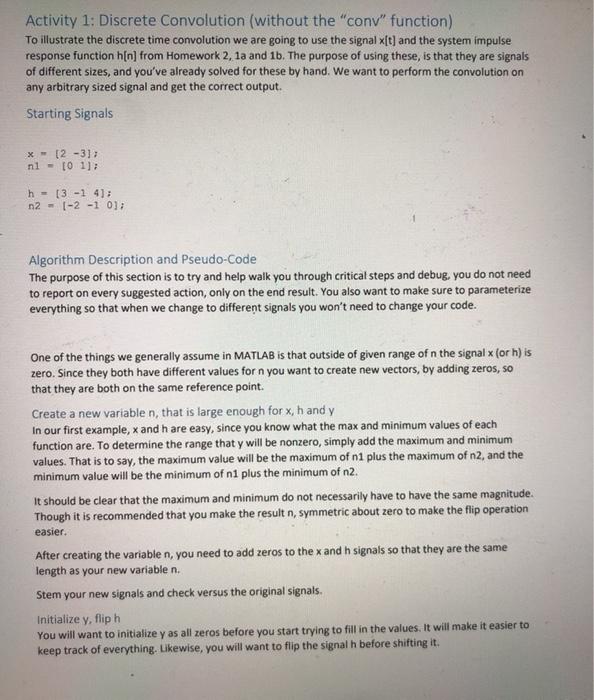  Using MATBLAB, please explain steps Activity 1: Discrete Convolution (without the