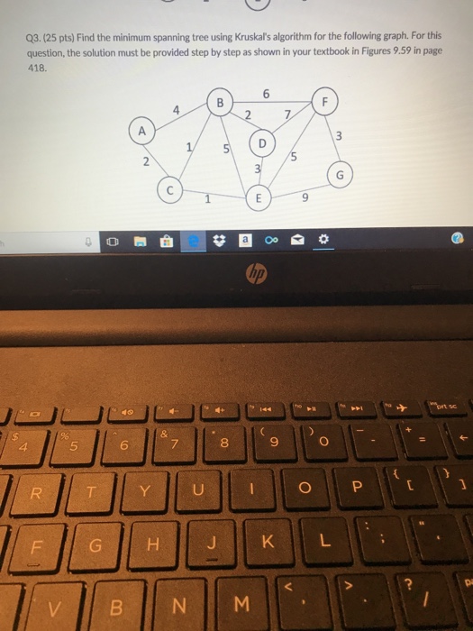  Q3.(25 pts) Find the minimum spanning tree using Kruskal's algorithm for