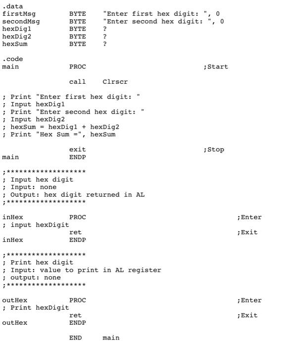 assembly language (visual studio) 0 .data firstMsg secondMsg hexDigi hexDig2 hexSum BYTE