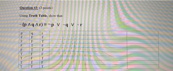  Question #3: (3 points) Using Truth Table, show that: - (p