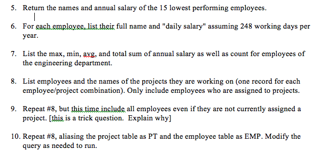annual salary of the 15 lowest performing employees. For each employee, list