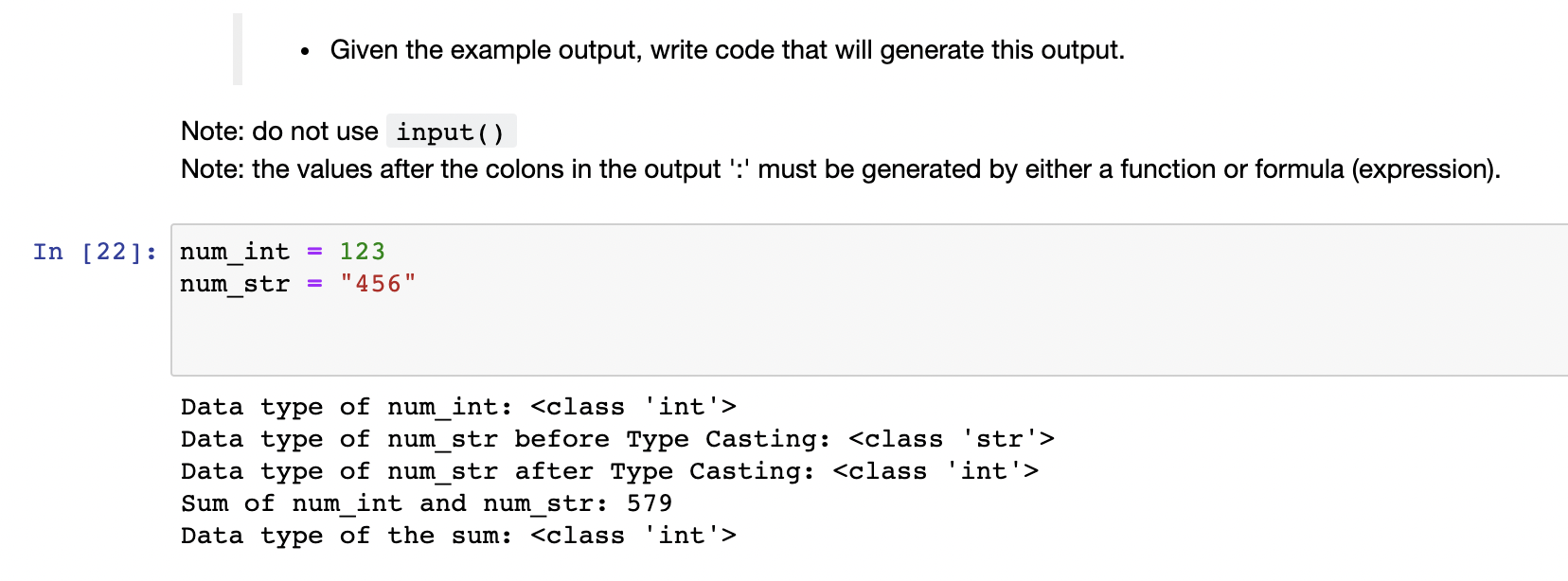1, 2. Answer in Python Given the example output, write code that