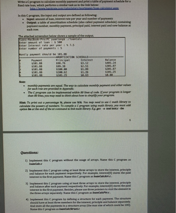 Write a C program to calculate monthly payment and print a