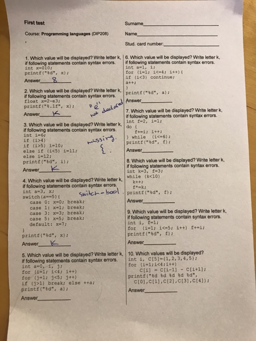  First test Course: Programming languages (DIP208) Name Stud. card number 1.