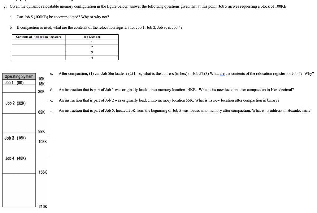  7. Given the dynamic relocatable memory configuration in the figure below,
