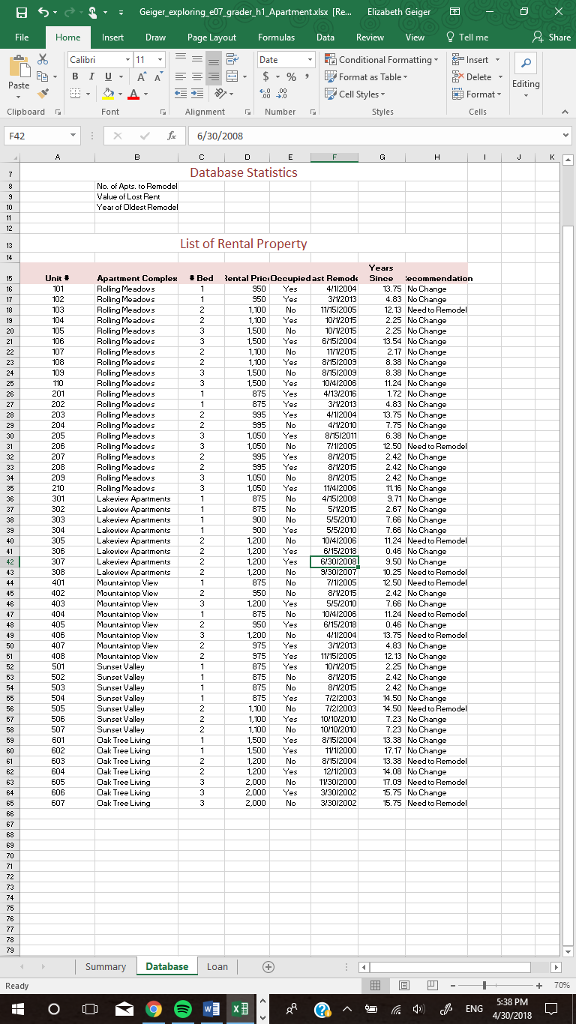 EX16_XL_CH07_GRADER_CAP_HW - Apartment Complex 1.9 Project Description: You own five apartment complexes.